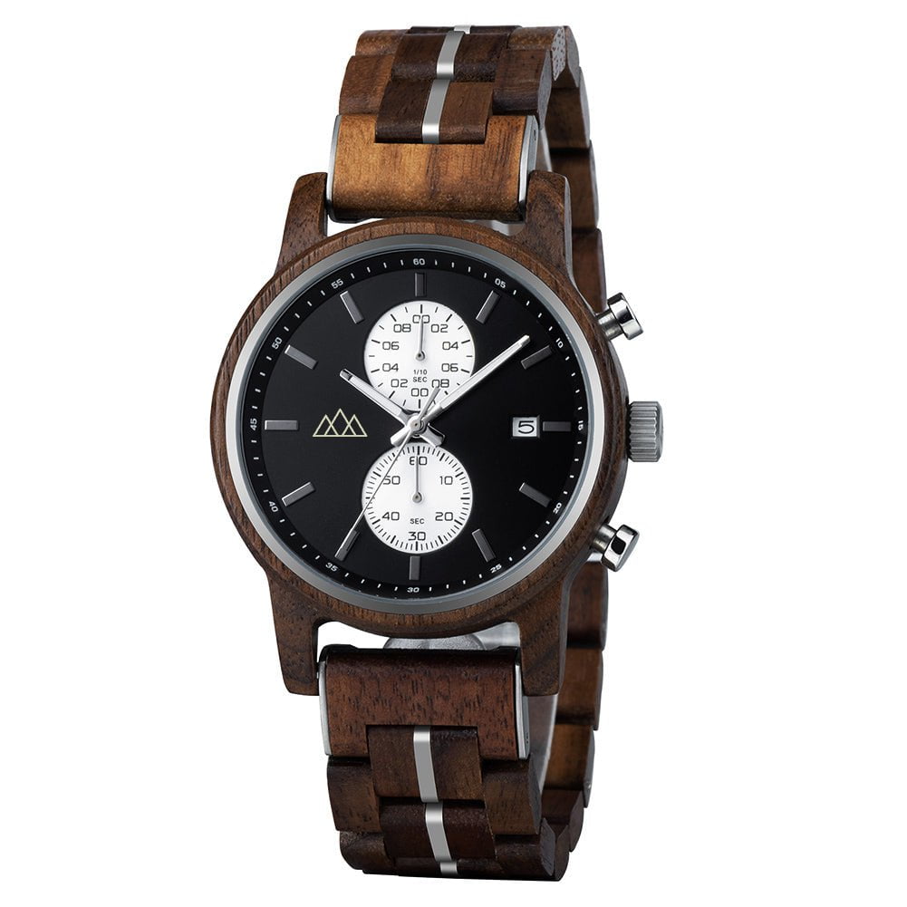 Montre en bois homme ronde cadran noir Brooklyn Black, vue 2 sur fond blanc