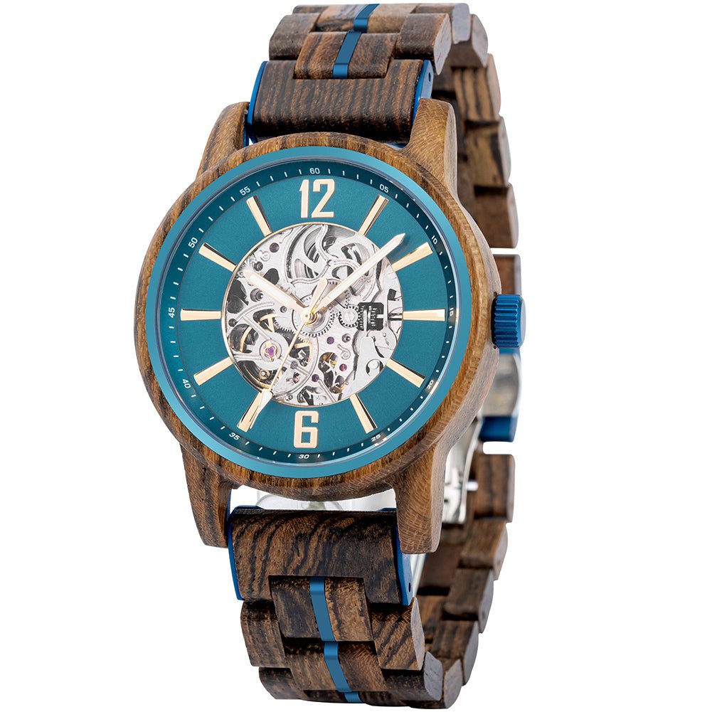 Montre en bois mécanique automatique Brooklyn, vue 2 sur fond blanc