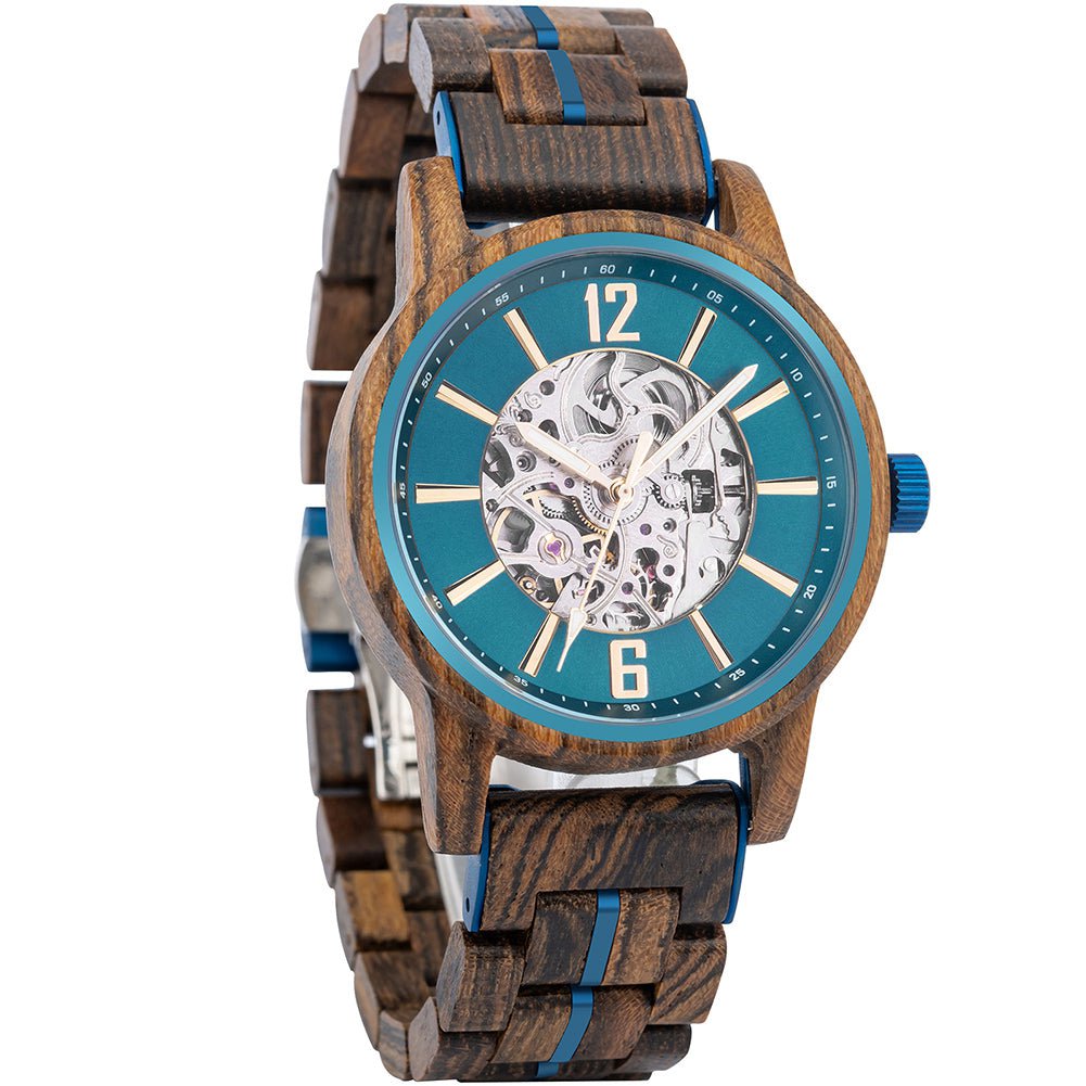 Montre en bois mécanique automatique Brooklyn, vue 3 sur fond blanc
