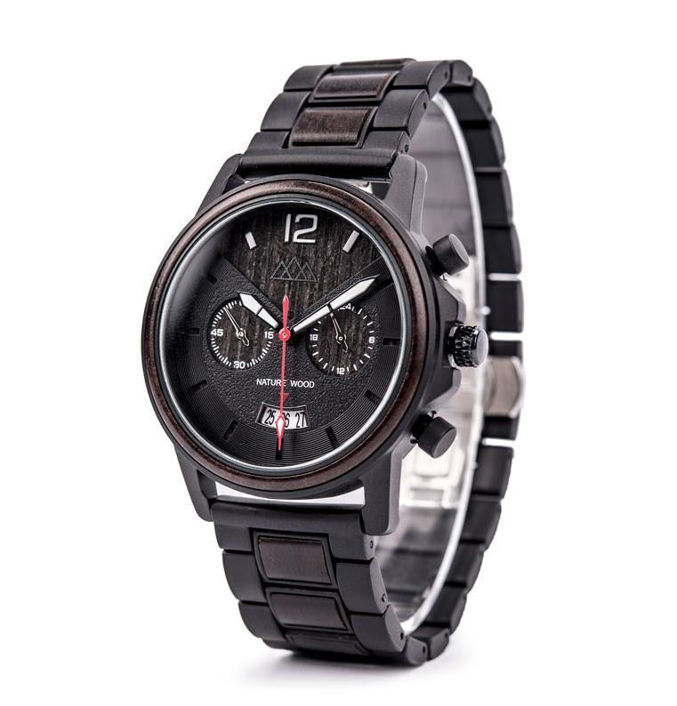 Montre en bois sport noire Indiana Black, vue 2 sur fond blanc